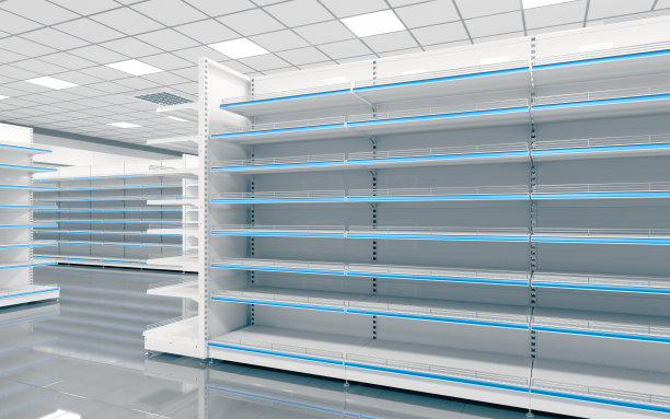 超市的交易大厅有货架。图片下载