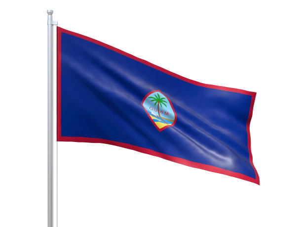 关岛(美国州)的国旗在白色背景上飘扬，靠近，孤立。三维渲染图片下载