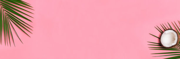 旗帜上有棕榈叶和半椰子在粉红色的背景图片下载
