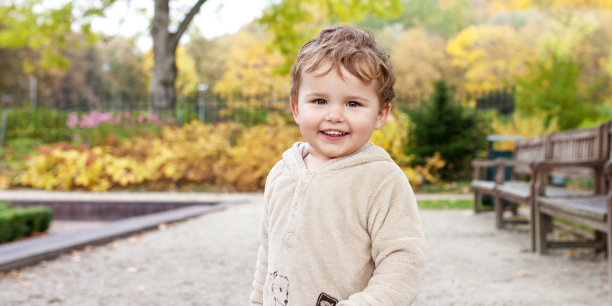 公园里可爱的小男孩。可爱的小男孩在秋天的花园里的近距离照片。儿童户外活动。感恩节。本空间图片下载