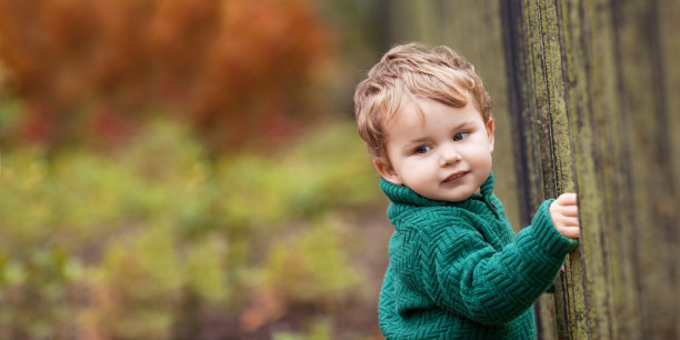 公园里可爱的小男孩。可爱的小男孩在秋天的花园里的近距离照片。儿童户外活动。本空间图片下载