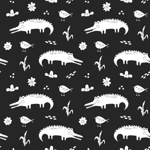 可爱的鳄鱼或短吻鳄与小鸟无缝图案，卡通手绘动物涂鸦矢量插图背景图片下载