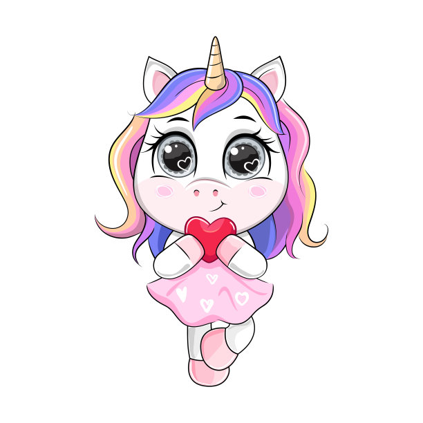 矢量卡通独角兽抱心。图片下载