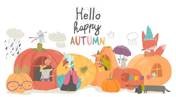 可爱的动物与南瓜在白色的背景图片下载