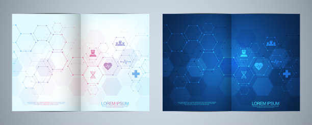 模板小册子或封面书，页面布局，传单设计。理念与理念为医疗事业，创新医药、制药、科技。医疗背景与平面图标和符号。图片下载