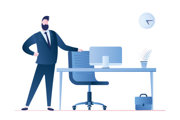 英俊的商人老板和现代的工作场所。办公室内设家具，图片下载