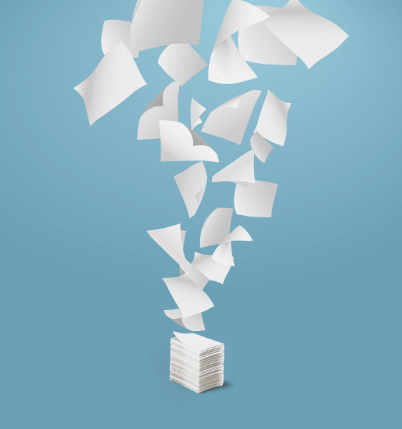 飞行纸和蓝色背景的一堆纸。图片下载