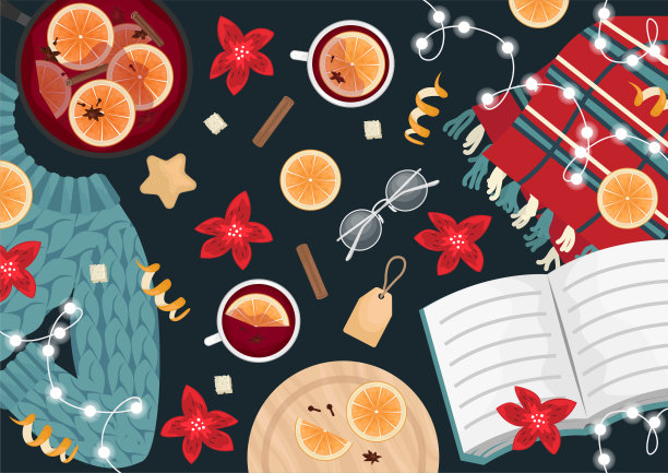 圣诞公寓里放着一个羊毛衣橱和毛衣，一本书，一个花环，几片桔子片，还有热红酒。图片下载