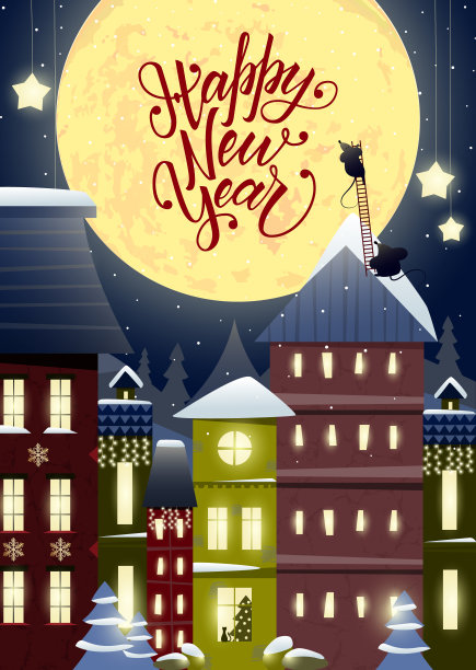 圣诞快乐和新年贺卡上有字母和一个神话般的城市，用花环装饰的房子，有趣的老鼠图片下载