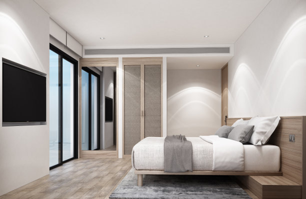 白色卧室，木质家具和地板。三维渲染图片下载