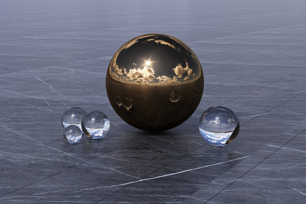 几何形状与云雾环境反映在球体上。三维渲染图片下载