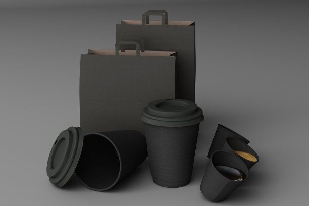 一套黑色纸袋和咖啡杯灰色背景。三维渲染图片下载