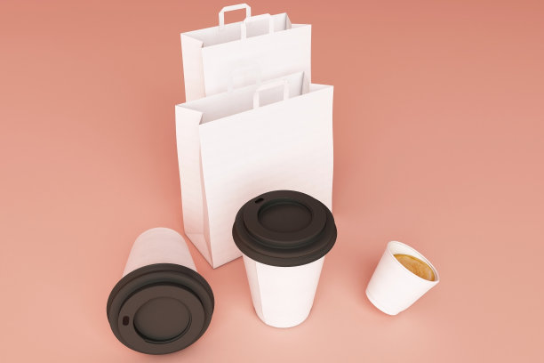 一套白色的纸购物袋和咖啡杯在粉红色柔和的背景。三维渲染图片下载