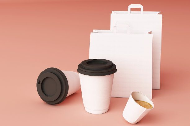 一套白色的纸购物袋和咖啡杯在粉红色柔和的背景。三维渲染图片下载