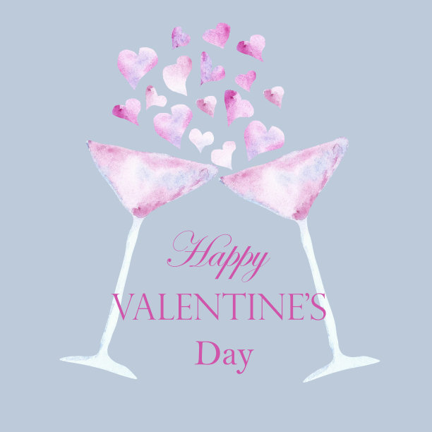 水彩手画节日庆祝浪漫的组成与两个香槟杯与粉红色的心喷溅和快乐的情人节文本在浅蓝色的背景邀请和卡片图片下载