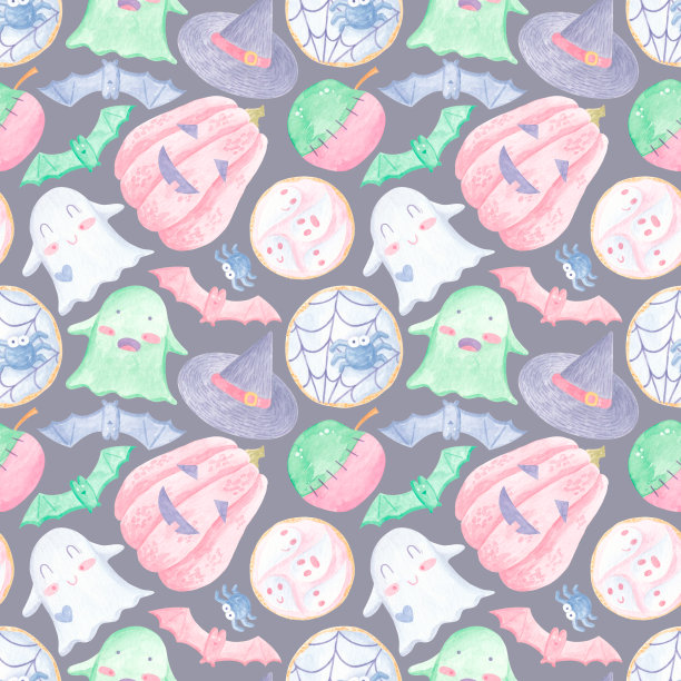 水彩可爱无缝万圣节图案与南瓜，幽灵，蝙蝠，糖果，饼干在白色的背景。明亮的卡通图案的万圣节图片下载