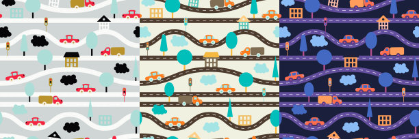 矢量插图。无缝的背景。用道路、汽车、树木、交通灯、房屋和云彩组成的儿童图案。灰色，蓝色，黑色，红色，金色，棕色，橙色，紫色，紫色。图片下载