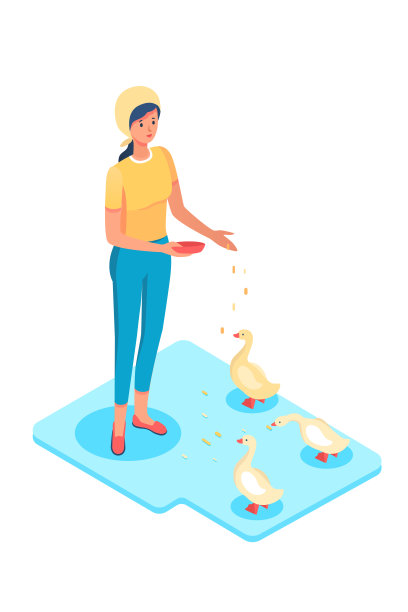 妇女喂鸭子等距矢量插图图片下载