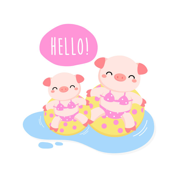 你好夏天可爱的小猪卡通。图片下载