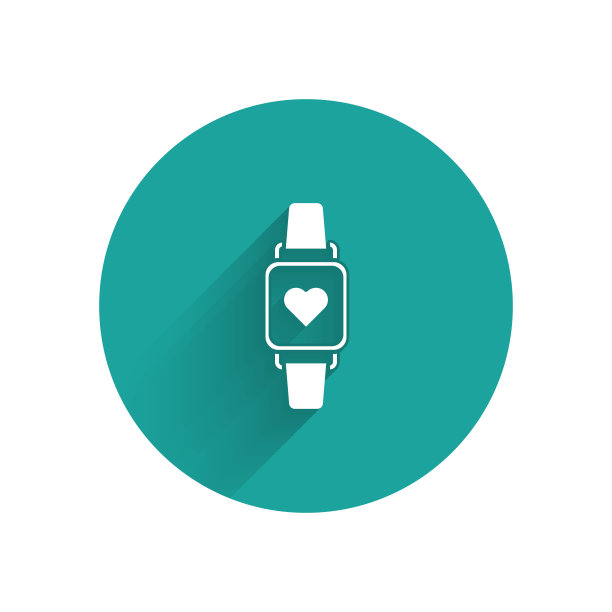 白色智能手表显示心跳率图标孤立与长影子。健身应用程序的概念。绿色圆圈按钮。矢量图图片下载
