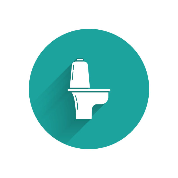 白色马桶碗图标孤立与长影子。绿色圆圈按钮。矢量图图片下载