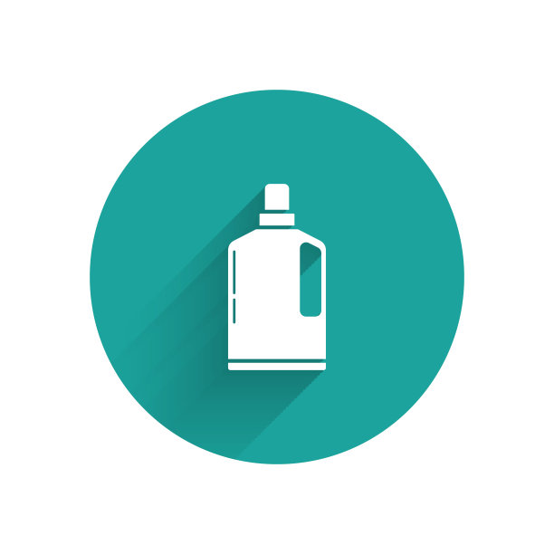 白色塑料瓶液体洗衣粉，漂白剂，洗碗液或其他清洗剂图标隔离与长阴影。绿色圆圈按钮。矢量图图片下载