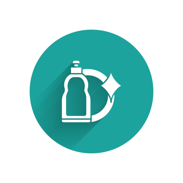 白色塑料瓶液体洗衣粉，漂白剂，洗碗液或其他清洗剂图标隔离与长阴影。绿色圆圈按钮。矢量图图片下载