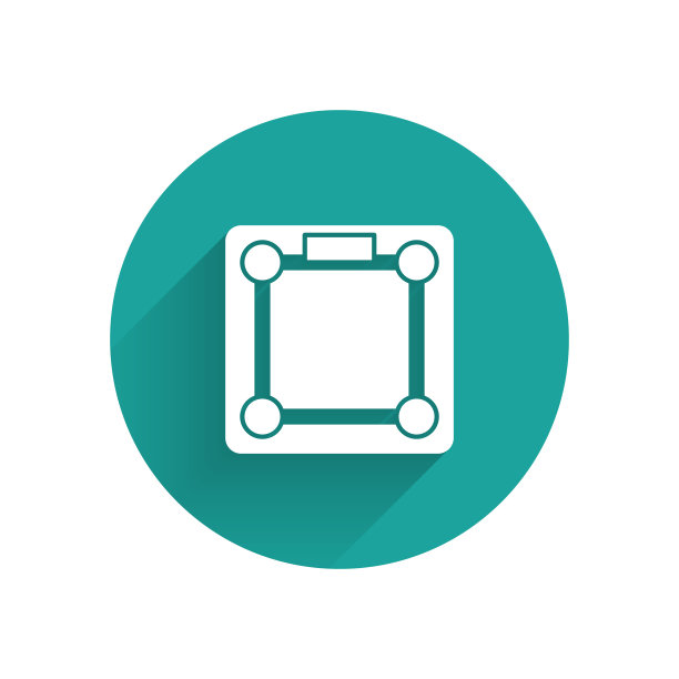 白色浴室秤图标孤立与长阴影。体重测量设备。体重秤健身运动概念。绿色圆圈按钮。矢量图图片下载