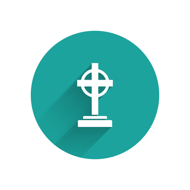 白色墓碑与十字图标孤立与长影子。严重的图标。绿色圆圈按钮。矢量图图片下载