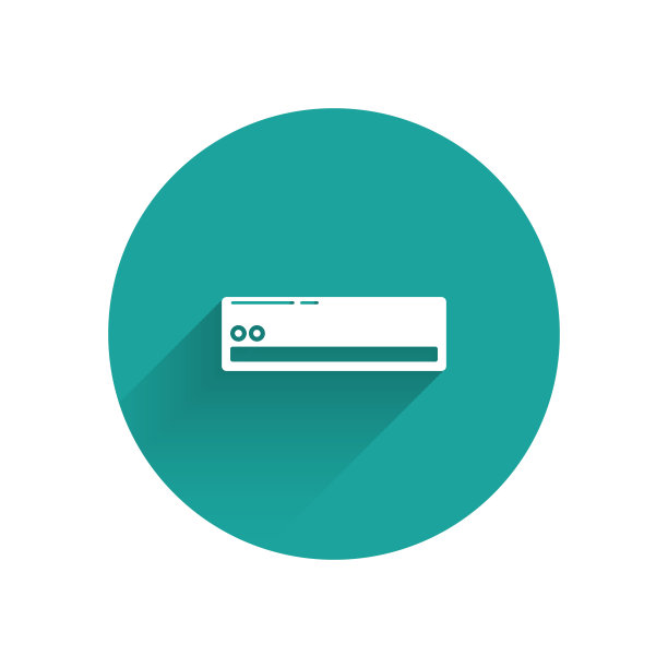 白色空调图标与长阴影隔离。分体式空调。冷、冷气候控制系统。绿色圆圈按钮。矢量图图片下载