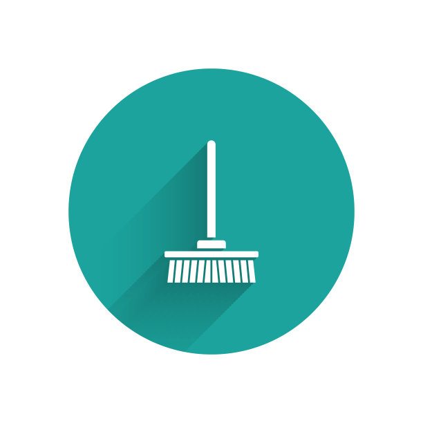 白色拖把图标孤立与长影子。清洁服务理念。绿色圆圈按钮。矢量图图片下载