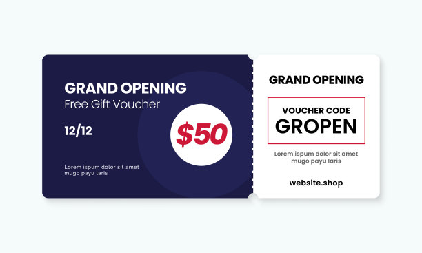 盛大开业礼券卡模板设计。返现优惠券代码推广矢量插图图片下载