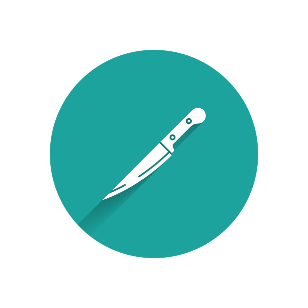 白色刀图标孤立与长影子。餐具的象征。绿色圆圈按钮。矢量图图片下载