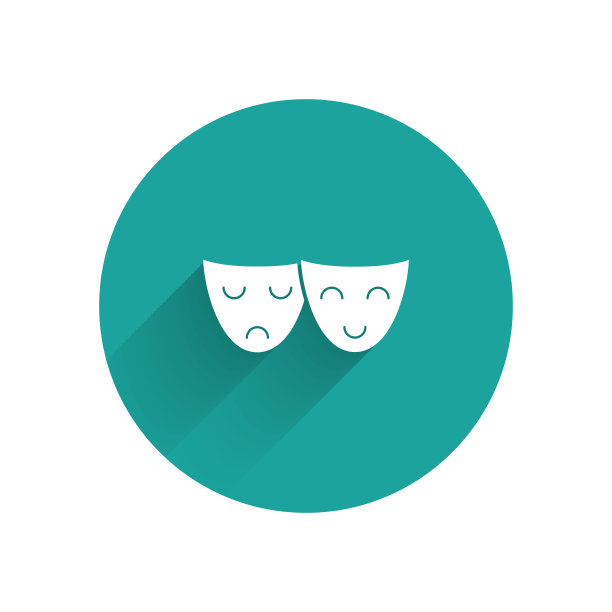 白色喜剧和悲剧的戏剧面具图标孤立与长影子。绿色圆圈按钮。矢量图图片下载