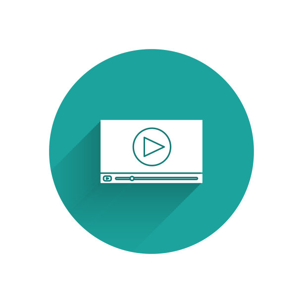 白色在线播放视频图标孤立带有长阴影。带游戏标志的胶片。绿色圆圈按钮。矢量图图片下载
