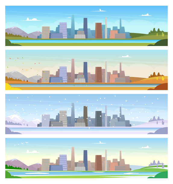 四个季节。城市景观天气夏冬春夏矢量漫画插画图片下载