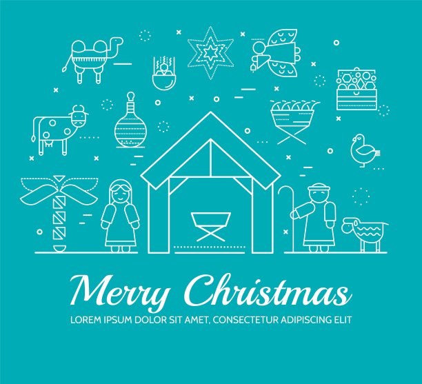 圣诞快乐细线图标平面设置背景。概述基督插画诞生的背景概念。图片下载