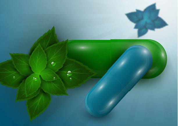 背景有明亮的药丸，胶囊，一种药用植物的天然叶子。健康的维他命丸。海报横幅的网站。制药、天然药物。图片下载