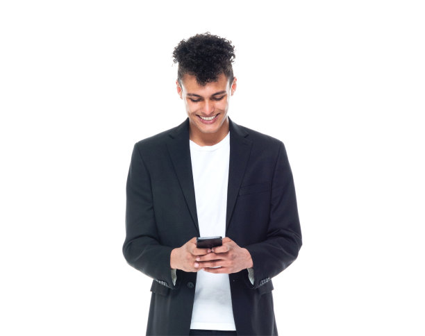 正面视图/向下看/一人/腰部以上的20-29岁的成年人英俊的人/高个子的人卷发非洲裔/非洲裔人种的男性/年轻人商人/商人站在白人背景前图片下载