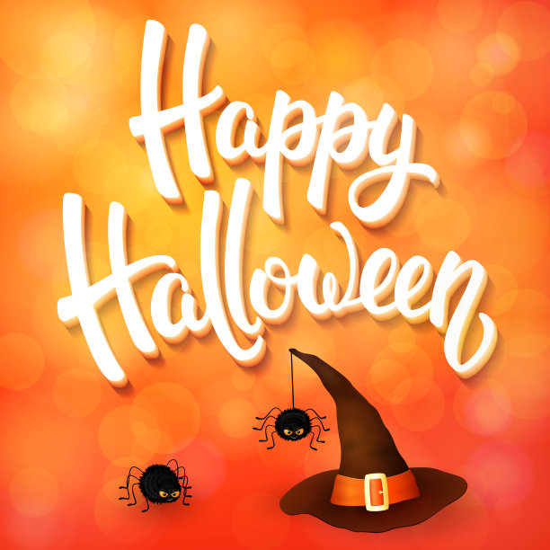 万圣节贺卡与女巫帽，愤怒的蜘蛛和3d刷子字母在橙色背景与散景元素。装饰海报，横幅，传单设计。矢量插图。图片下载