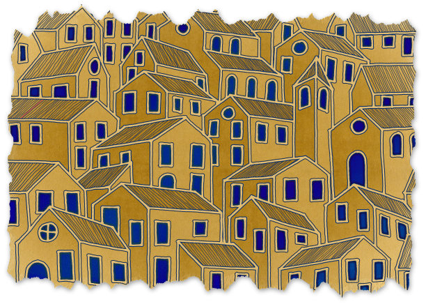 受旧托斯卡纳小镇启发的虚构城市——复古风格的概念图像，带有撕边的回收纸板——我是这张照片中使用的涂鸦图像的版权所有者图片下载