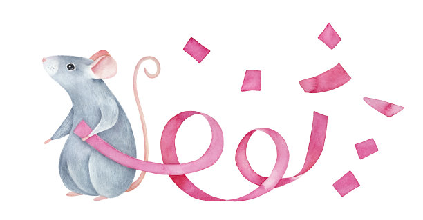灰色的小老鼠宝宝拿着粉红色的蛇纹饰带，上面飘着欢快的五彩纸屑。手绘水彩图形上的白色，孤立的剪纸元素的设计，横幅，打印。图片下载