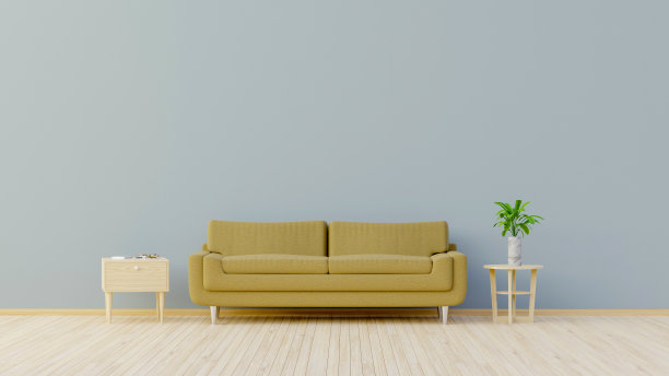 室内设计，现代沙发，橱柜和绿色植物在混凝土墙壁与拼花木地板，3d渲染-插图图片下载