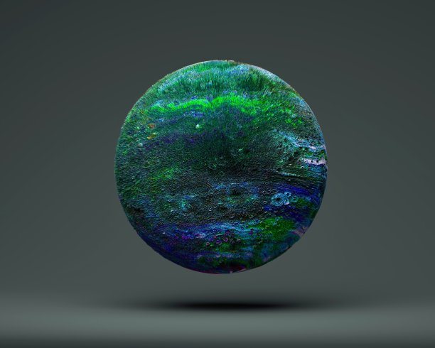 抽象的绿色和蓝色星球地球的3d渲染与粗糙的纹理在深灰色的背景图片下载