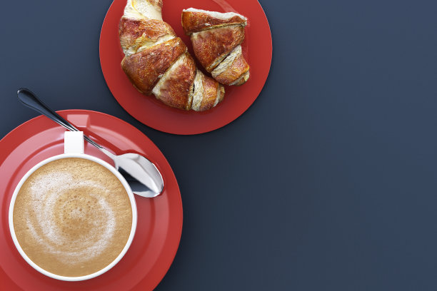 灰色背景的盘子里有咖啡杯和羊角面包。三维渲染图片下载