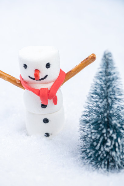 快乐有趣的雪人在圣诞树下玩雪图片下载