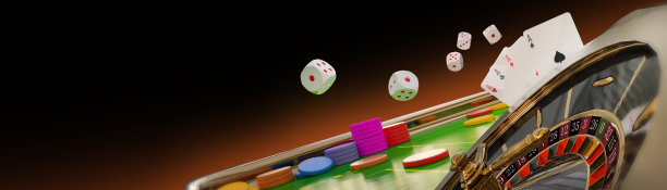 拉斯维加斯游戏在线赌场，扑克卡，轮盘赌，赌博骰子，赌场赌博横幅背景图形概念橙色霓虹灯显示艺术和右侧复制空间背景- 3d渲染图片下载