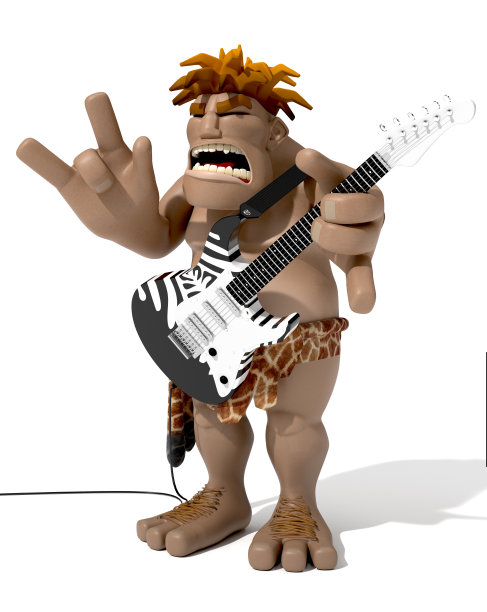有趣的史前人类在白色背景下弹奏电吉他图片下载