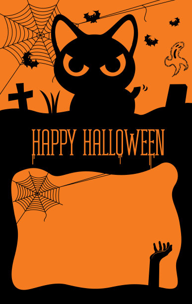 万圣节快乐。恐怖黑猫与蜘蛛网，飞蝙蝠和幽灵在坟墓。万圣节招牌出售广告矢量插图图片下载
