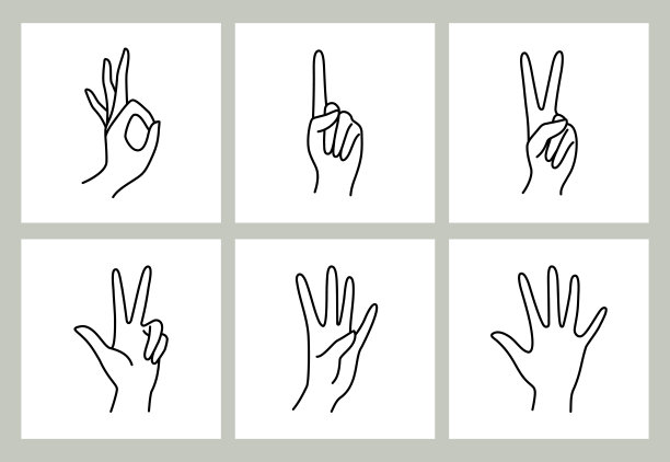 女人的手的图标收集线。矢量女性的手势-零，一，二，三，四和五个手指。图片下载